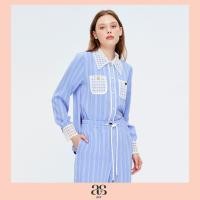 ราคา asv aw23 Icy Striped Shirt เสื้อเชิ้ตผู้หญิง แขนยาว แต่งกระเป๋าหน้าผ้าฉลุลายผสมผ้าตาข่าย แต่งกุ๊นผ้าซาตินด้านหน้า แต่งกระดุมหน้า ผ้าลายทาง (20886855046)