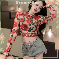 ราคา เสื้อยืดแขนยาวคอกลมลายดอกไม้สีเขียวน้ำทะเลสีเขียวเสื้อครอปทรงสลิม (20675087868)