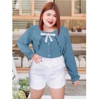 ราคา R123 เสื้อแฟชั่นสาวอวบ ผ้าสลาฟสีพื้น รุ่นแต่งปกระบายแหลม แขนยาว (20755263712)