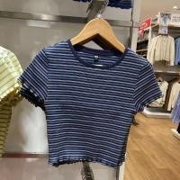 ราคา UNIQLO เสื้อยืดแขนสั้นสำหรับผู้หญิงขอบเห็ดลายทางคอตตอนเอวสูง Y458265 458291 (19700450121)