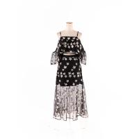 ราคา no brand ชุดเซ็ทเสื้อสายเดี่ยว แต่งผ้าซีทรูตาข่ายปักลายดาวซิปข้าง กระโปรงสั้นซิปข้างแต่งระบายผ้าซีทรูยาว Preloved (20691191380)