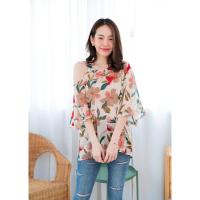 ราคา เสื้อเปิดไหล่แขนระบายแต่งสายคาด งานผ้าชีฟองพิมพ์ลาย เสื้อเปิดไหล่แขนสามส่วน เสื้อผ้าชีฟองพิมพ์ลาย รุ่น ไหล่ชบา สีชมพู ดำ ครีม L XL 2XL จำนวน 1 ตัว เสื้อเปิดไหล่ผ้าชีฟองเนื้อดี พิมพ์ลายดอกชบาสีสันสดใส 