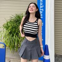 ราคา MesubShop ครอปเสื้อกล้าม ถักทอลายทาง ผ้าไหมพรม ยืดเยอะน้า ช่วงปลายเสื้อมีจั้มเอวให้ งานสไตล์เกาหลี รุ่น ขนมชั้น (20000295329)