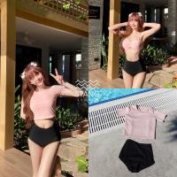 ราคา ชุดว่ายน้ำ 3 ชิ้น เสื้อครอป บราโครงดันทรง กางเกงเอวสูง สีชมพู (21021598659)