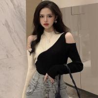 ราคา เสื้อถักยาวผู้หญิงแขนเปิดไหล่ยาวแฟชั่นเกาหลีแบบบางครึ่งเสื้อยืดคอเต่า (17040716532)