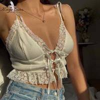 ราคา Kayotuasเสื้อผู้หญิงสไตล์วินเทจคอวีลึกประดับลูกไม้เสื้อสายเดี่ยวผ้าริ้วสีขาวสตรีทแวร์หวานๆ (6657910158)