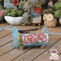 ราคา กระถางดินเผาทรงขอนไม้ ลายดอก กระถางดินเผาเคลือบสี กระถางกระบองเพชร กระถางไม้อวบน้ำ (5096612967)