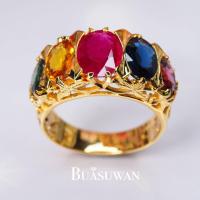 ราคา แหวน พลอยแฟนซี ตัวเรือนทองคำแท้ 18K ตัวเรือนฉลุลาย แหวนวงนี้มีความอ่อนช้อย ประดับด้วยพลอยทับทิม ไพลิน เขียวส่อง บุษราคัม (21094017476)