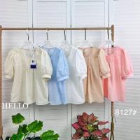 ราคา เสื้อคอกลมแขนสั้นผ้าฝ้ายแต่ง detail ตีเกล็ตอกพร้อมต่อรูดใต้อก ปล่อยชายระบาย ทรงปล่อยใส่สบาย 8127 (17864563687)