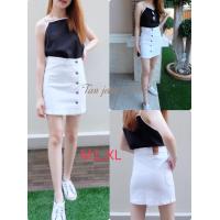 ราคา paipai shop กระโปรงยีนส์ สีขาวผ้าไม่ยืด แต่งกระดุมข้าง ไซส์ S M L XL มีเก็บปลายทางจ้า (12270974291)