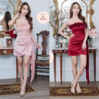ราคา เดรสออกงานเกาะอก แต่งขนนกและระบายข้าง My Wynn (15956369112)