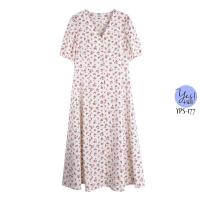 ราคา ชุดเดรสยาวสาวอวบ อก 38 49 นิ้ว เดรสคอวีลายดอก กระดุมหน้า แขนตุ๊กตา สีดำ ขาวครีม YPS 177 (19835881185)