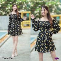 ราคา TW14756 เดรสเปิดไหล่ลายดอกทานตะวัน (7874537448)