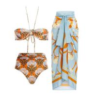 ราคา 3pcs set Halter Strap Bikini Bathing Suits Women Swimwear Pleated Ring Swimsuit With Cover Up Orange Flower Print Lace up Beachwear (19948405227)