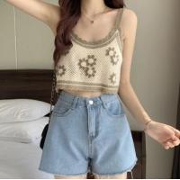 ราคา เสื้อสายเดี่ยวถักไหมพรมดอกไม้ CL 022 เสื้อครอปปักลายดอกสไตล์เกาหลีสำหรับผู้หญิง (20032613133)