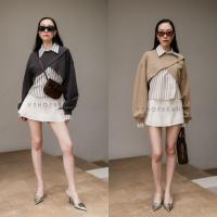 ราคา เซต 2 ชิ้น เสื้อเชิ้ตแขนกุดลายริ้ว เสื้อครอปไขว้หน้า VSHOP (20765507827)