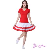 ราคา เสื้อยืดผู้หญิงกระโปรงสั้นชุด2ชิ้น เครื่องแต่งกายสแควร์แดนซ์เต้นรำละติน กางเกงบ็อกเซอร์ในตัว กระโปรงเอวยางยืดไซส์ใหญ่ (18299919533)