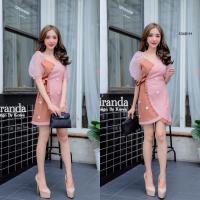 ราคา TW13481 เดรสสั้นทรงป้ายหน้า ผูกโบว์ข้าง แขนพองแต่งผ้าซีทรูลายจุด ติดดอกไม้ (4661458598)