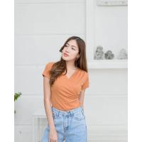 ราคา เสื้อยืดแขนสั้น ทรงไขว้หน้าจีบไหล่ทรงพอดีตัวG46 (20792659263)