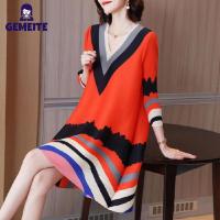 ราคา GEMEITE Fast Delivery Plus Size Women Dress Fashion Contrast Color Striped V neck 3 4 Sleeve Loose Casual Straight Skirt For Summer Beach Party (21027165546)