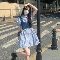 ราคา ชุดเดรสไหมพรม แขนกุด พิมพ์ลายสลับสี เสื้อแขนฟองสบู่เดรสเสื้อกั๊กยีนส์ จั๊มสูทขาสั้น เดรสแขนกุด คอกลม สไตล์เรียบห (20136549071)