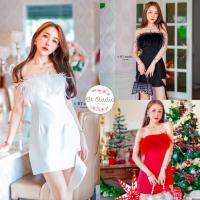 ราคา เดรสออกงานเกาะอก แต่งขนนก BT STUDIO (17254335389)