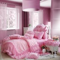 ราคา สีชมพูเจ้าหญิงลูกไม้ Ruffles ผ้าคลุมเตียงชุดเครื่องนอนหรูหรา Jacquard ซาตินผ้านวมผ้านวมคลุมเตียงกระโปรงแผ่นปลอกหมอน Cotton (20420715651)