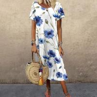 ราคา Summer Women Dresses 3d Vintage Flowers Print Short Sleeve Clothes Fashion Loose Mid Length Skirt Lady Oversized Vacation Dress (19673090798)