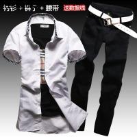 ราคา ฤดูร้อนผู้ชายชุดลำลองยีนส์เสื้อเชิ้ตสีขาวผู้ชายแขนสั้นสไตล์เกาหลีกางเกงขายาวเข้ารูปพอดีนิ้วเสื้อบางผู้ชาย (19923332569)