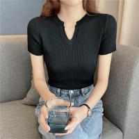 ราคา เสื้อไหมพรม เสื้อครอปแขนสั้น เสื้อไหมพรมแขนสั้นคอวีร่องเล็กสไตล์เกาหลี ผ้านิ่มใส่สบาย (21052754185)