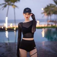 ราคา ชุดว่ายน้ำผู้หญิง ชุดว่ายน้ำแฟชั่นเกาหลี 3 ชิ้น บรา กางเกงเอวสูง พร้อมเสื้อคลุมตาข่ายแขนยาว (18174936709)