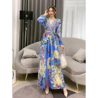 ราคา Womens Casual Elegant Long Sleeve High Waist Slim Fit Floral Printed Maxi Dress (16494573001)