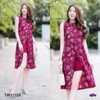 ราคา ส่งไว M11329 Set 2 ชิ้น เสื้อคอปีนแขนกุดตัวยาวผ่าหน้า เนื้อผ้าหางกระรอกพิมพ์ลายดอก มีซิปด้านหลัง มาพร้อมกับกางเกงขาสั้น (14984800589)