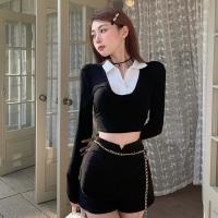 ราคา การเต้นรำวิญญาณ เสื้อคอปกของผู้หญิงตัดเสื้อลำลองแขนยาวการต่อผ้าแบบสีตัดกันเสื้อยืด (20970705019)