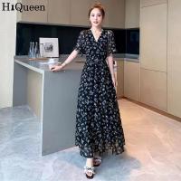 ราคา HiQueen Women Chiffon Dress Summer Short Sleeves V neck A line Skirt Elegant Floral Printing Midi Skirt (20925429571)