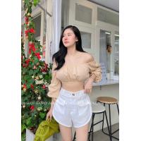 ราคา เสื้อครอปแขนยาว สม็อคปาดไหล่จั้มเอว น่ารัก ใสๆ ผ้าสวย ใส่เที่ยว ถ่ายรูปได้ฟิวแบบชิวๆ free size นางแบบใส่วินค้างานขายจริง (17201177334)