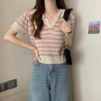 ราคา เสื้อไหมพรมครอป เสื้อไหมพรมแขนสั้น เสื้อครอปถักลายทาง ใส่สบายระบายดี (20085921847)