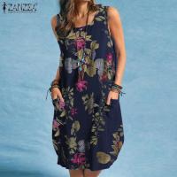 ราคา จัดส่งฟรี Esolo ZANZEA มุสลิมแขนกุดสำหรับผู้หญิงชุดเดรสผ้าคอตตอนพิมพ์ลายดอกไม้ชุดเดรสลำลองทรงหลวมแขนกุด (13482350199)