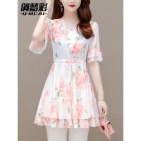 ราคา เสื้อเชิ้ตผ้าชีฟองลายดอกไม้เล็กๆสวยๆชุดฤดูร้อนสำหรับผู้หญิงเสื้อคอวีเสื้อยืดมีเชือกรูดแบบยาวปานกลางเสื้อตัวเล็กสไตล์ตะวันตกขอบหยักเก็บเอว (19925550558)
