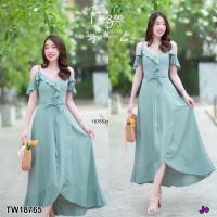 ราคา TW18765 แม็กซีเดรสสายเดี่ยวเว้าไห่ลแต่งระบายชาย (19758260777)