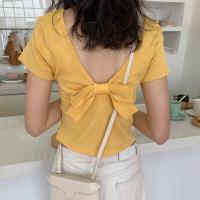 ราคา เสื้อยืดลําลองสตรีแขนสั้นคอกลมเว้าหลังติดโบว์ (16453810852)