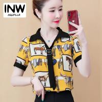 ราคา Stock Business Bow Tops Korean Fashion Animal Print Shirt Womens Chiffon Blouses Summer Short Sleeve Patterned Shirts Casual Work Lady Popular (20889879365)