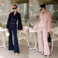 ราคา พร้อมส่ง ชุดเข้าเซท เสื้อสูทแขนยาวอัดพลีท กางเกงขายาวทรงขาบาน งานป้ายvshop (19284799908)