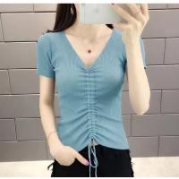 ราคา พร้อมส่งจากไทย เสื้อยืดไหมพรมสำหรับผู้หญิง เสื้อคอวี รูดเชือกด้านหน้า เสื้อไอซ์ซิลค์มีเชือกผูก เสื้อไหมพรมแขนสั้น (20136096479)