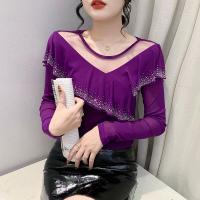 ราคา YIMEI เสื้อเชิ๊ตตาข่ายแขนยาวสีแดงสำหรับผู้หญิงเสื้อเชิ๊ตแฟชั่นคอโพรงกลมหลากหลายใหม่ฤดูใบไม้ร่วง2022 (19701418521)