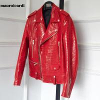 ราคา Mauroicardi Spring Red Crocodile Pattern Faux Leather Biker Jacket Long Sleeve Zipper Plus Size Streetwear designer Men Clothing (12958038760)
