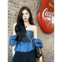 ราคา Preliminary69dgs8gr Tencel Denim Spice Top Design of Small One shoulder Off shoulder Puff Sleeve Shirt (20244017090)