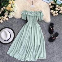 ราคา Chiffon Off Shoulder Dress Women Korean Plain High Waist Casual Midi Dresses (13557292369)