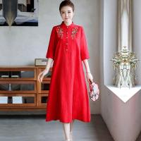 ราคา Vintage Ethnic Style Slimming Cotton And Linen Red Dress Large Size Womens Embroidered Half Sleeve Loose Midi Dress (19717251549)