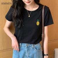 ราคา AMMIN เสื้อยืดผ้าฝ้ายแขนสั้นสำหรับผู้หญิงเสื้อเบลาส์ลำลองสีพื้นคอกลมปักลายสับปะรดสไตล์เกาหลีใหม่สำหรับฤดูร้อนปี2022 (13058631732)